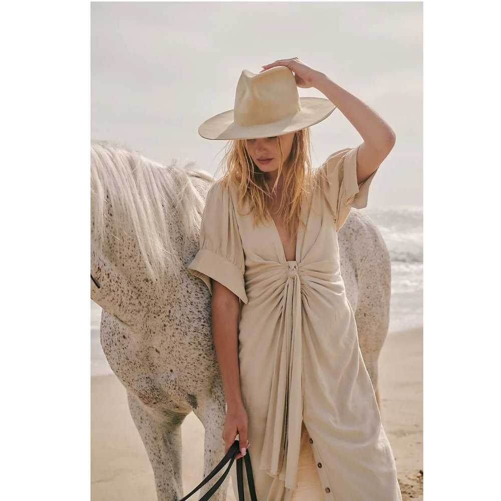 Free People Free-est Vintage Summer Midi Dress Buttondown Solid Ruched XS